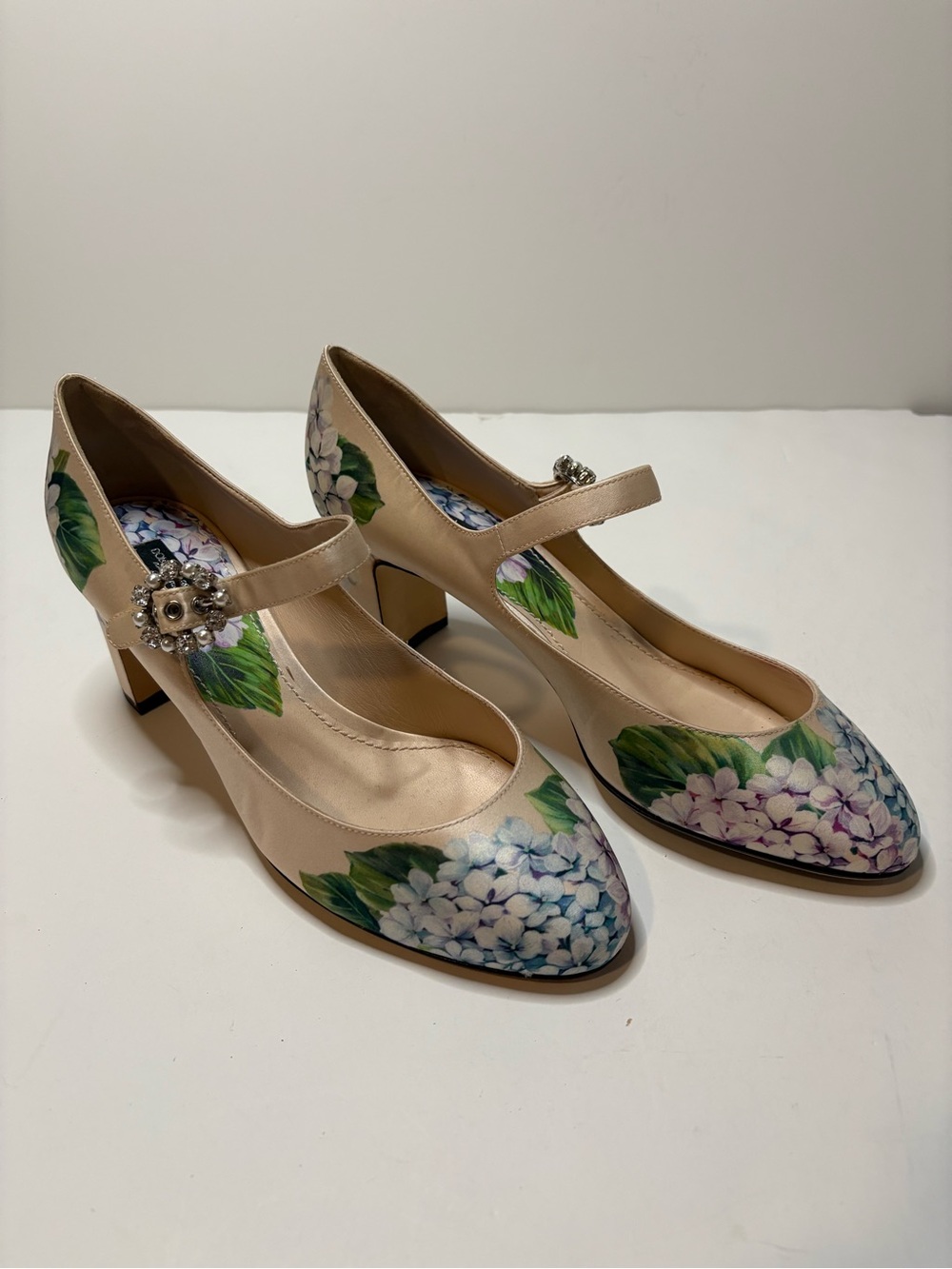 Dolce & Gabbana Cream Mary Jane Heels with Printed Floral Print